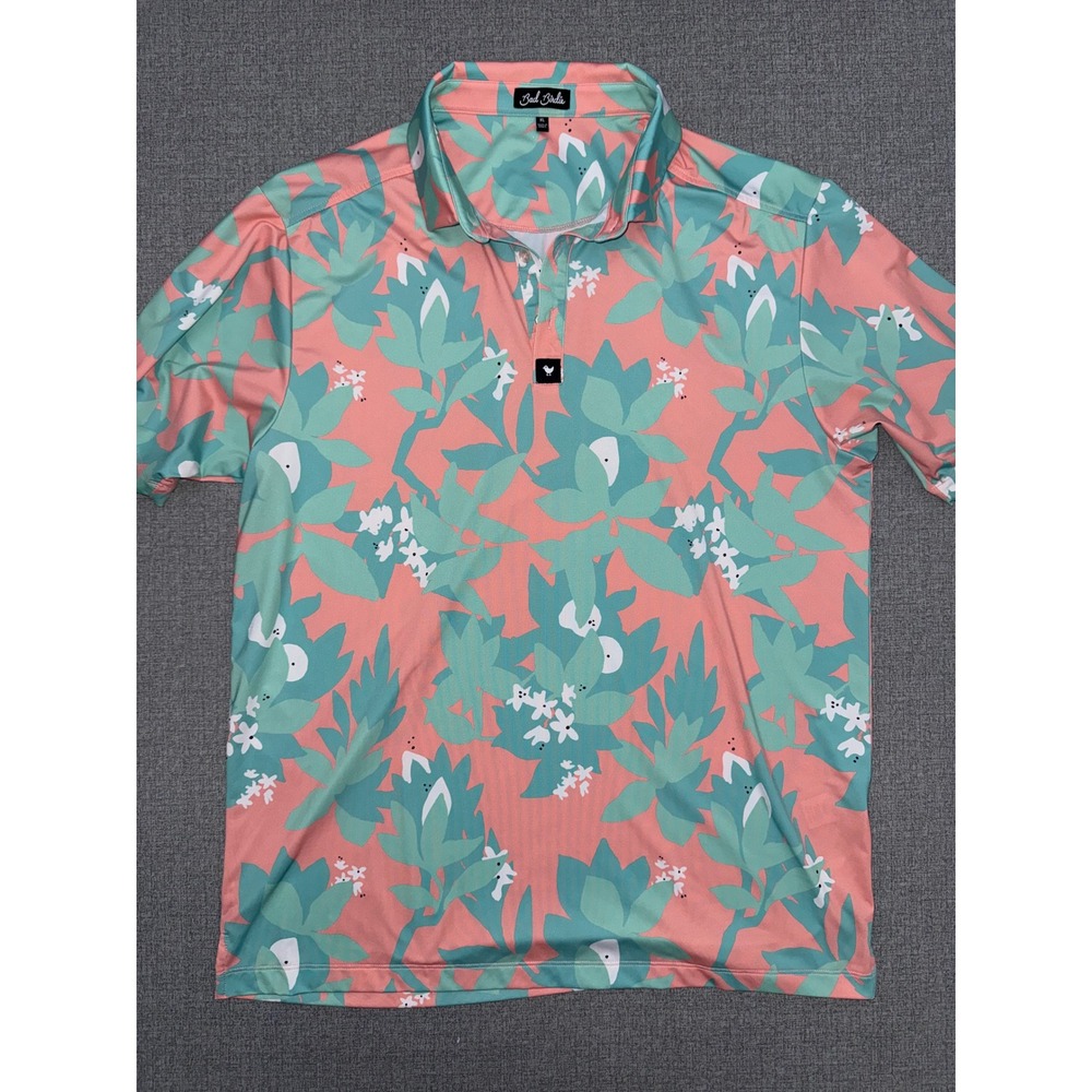 Bad Birdie Mens XL Golf Polo Shirt Tropical Floral Coral Teal Short Sleeve
